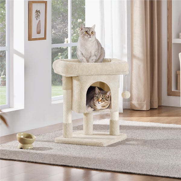 Katzenkratzbaum mit zwei Katzen in einem hellen Raum