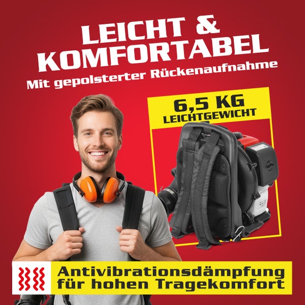 Leichter und komfortabler rückentragbarer Laubsauger mit Antivibrationsdämpfung für hohen Tragekomfort
