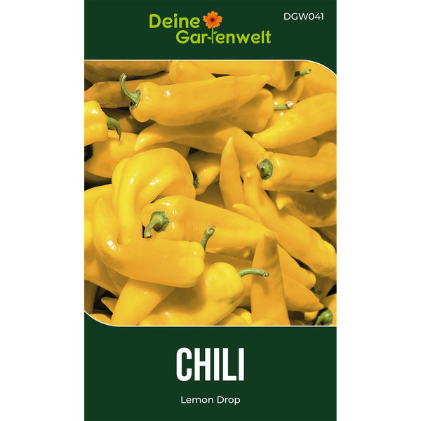 Hände säen Chili-Samen in einen Topf mit Erde. Infografik mit Anzuchtanleitung für Chili Lemon Drop, für Anfänger und erfahrene Gärtner.