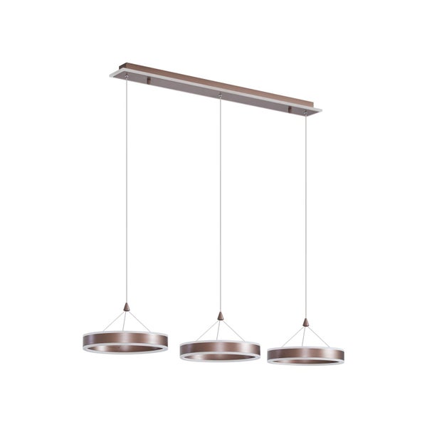 Dreiflammige Pendelleuchte mit ringförmigen Schirmen aus bronzefarbenem Metall und rechteckigem Deckenbaldachin.