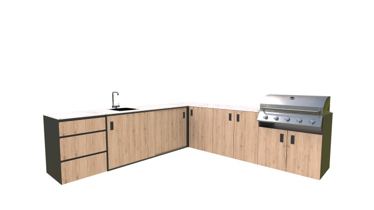 Outdoor-Küche mit Spüle, Grill und Holzoptik