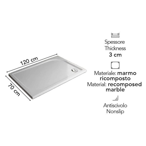 Rechteckige Duschwanne aus Mineralguss, 120 mal 70 Zentimeter, 3 Zentimeter dick, rutschfeste Oberfläche.