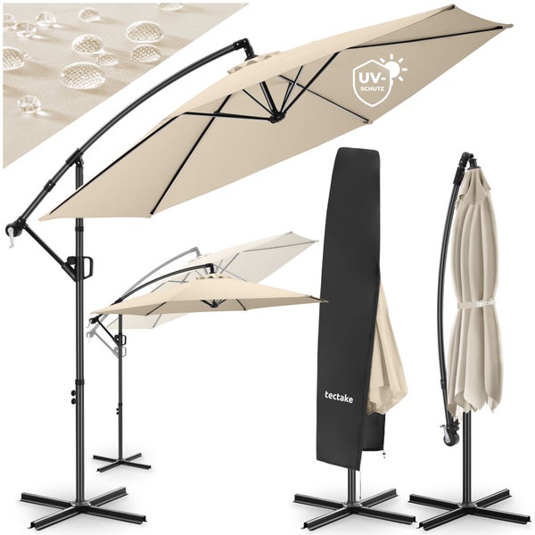 Ampelschirm mit wasserabweisendem Stoff, UV-Schutz, Schutzhülle und verstellbarem Neigungswinkel in verschiedenen Positionen. tectake Logo.