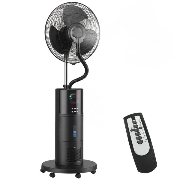 Schwarzer Standventilator mit Sprühnebel-Funktion, Fernbedienung, Rollen und digitalem Display.