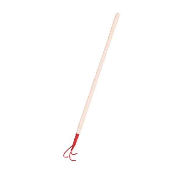 Grubber mit Holzstiel und drei gebogenen Metallzinken zur Bodenbearbeitung.