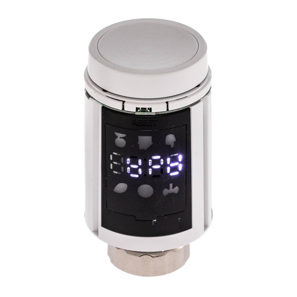 Elektronischer Heizkörperthermostat mit digitaler Anzeige und Symbolen für verschiedene Heizmodi.