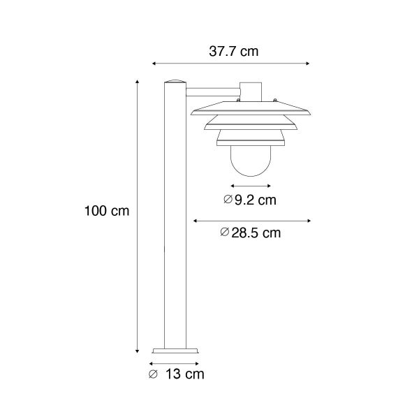 Maßzeichnung einer Außenleuchte mit Maßen: Höhe 100 Zentimeter, Breite 37,7 Zentimeter, Schirmdurchmesser 28,5 Zentimeter, Fußdurchmesser 13 Zentimeter.