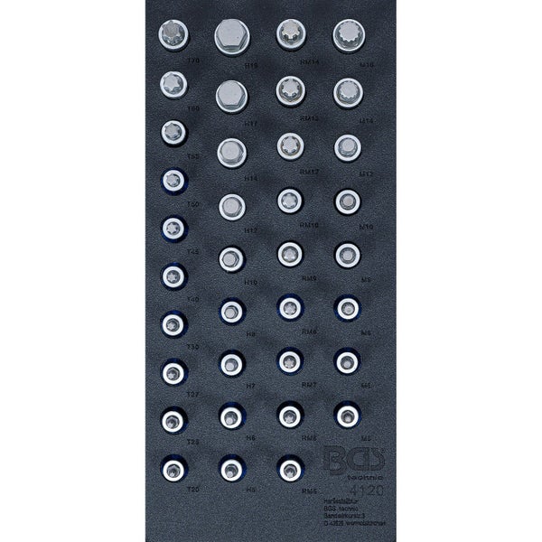 BGS Werkstattwageneinlage 1/3: Bit-Einsatz-Satz Antrieb Innenvierkant 12,5 mm (1/2) Innensechskant, T-Profil (für Torx), Innenvielzahn (für XZN), Keil-Profil (für RIBE) 36tlg. - 4120