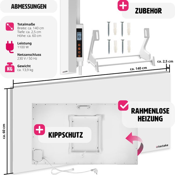 Detailansicht der tectake Infrarotheizung mit Zubehör und Maßangaben.