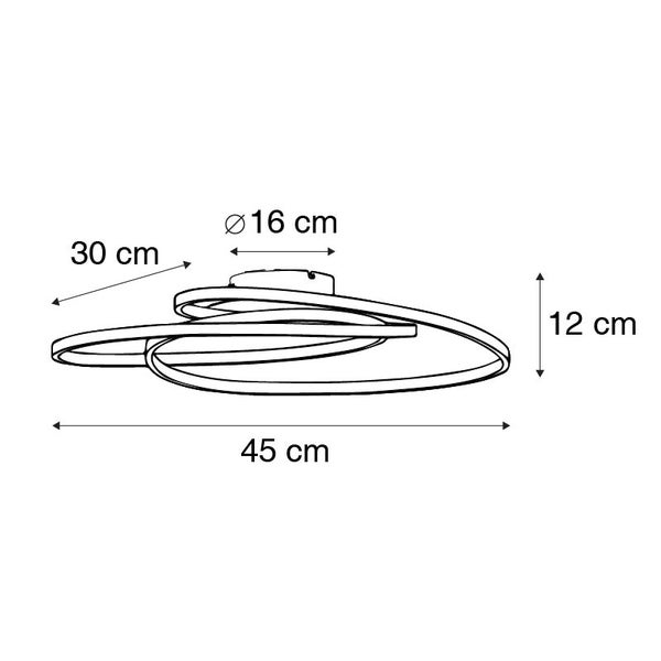 Abmessungen einer Deckenleuchte: 45 cm breit, 30 cm tief, 12 cm hoch, Deckenbefestigung Durchmesser 16 cm