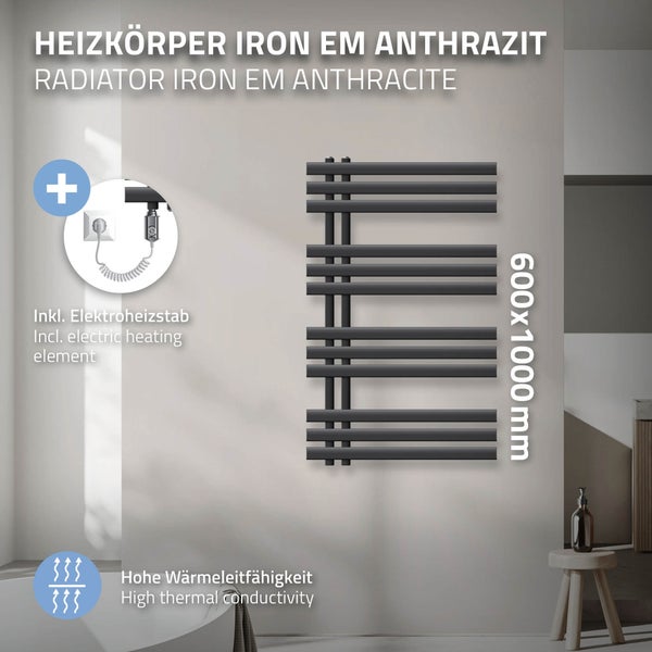 ECD Germany Iron EM Design Badheizkörper Elektrisch mit Heizstab 300 W - 600 x 1000 mm - Anthrazit - Designheizkörper Paneelheizkörper Heizkörper Handtuchwärmer Handtuchtrockner