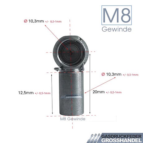 Kugelgelenk für Gasdruckfedern mit M8 Gewinde, Maßen von 10,3 Millimeter und 20 Millimeter sowie Gasdruckfeder Grosshandel Logo.