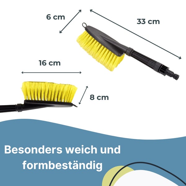 Waschbürste mit Maßen: Gesamtlänge 33 Zentimeter, Kopflänge 16 Zentimeter, Breite 6 Zentimeter, Borstenhöhe 8 Zentimeter. Weich und formbeständig.