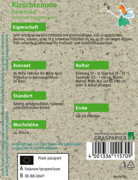 Rückseite der Samentüte Kirschtomate Sweetbaby mit Informationen zu Aussaat, Standort und Ernte, Wuchshöhe circa 150 Zentimeter, Graspapier.