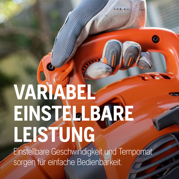 Nahaufnahme eines Gebläses mit einstellbarer Leistung, das mit Handschuhen bedient wird