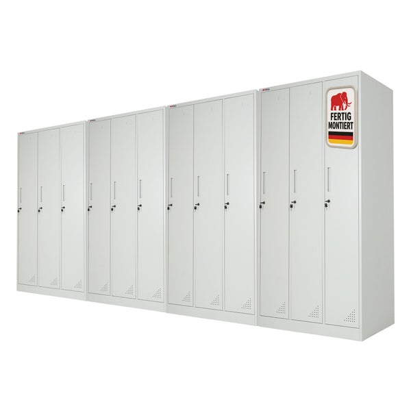 Zwölf ProRegal Metallspinde in Reihe, abschließbare Türen, Lüftungsschlitze, fertig montiert, ProRegal Logo.