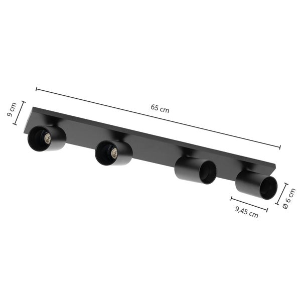 Schwarze Wandleuchte mit vier Lampenfassungen und den Maßen 65 x 9 x 6 cm