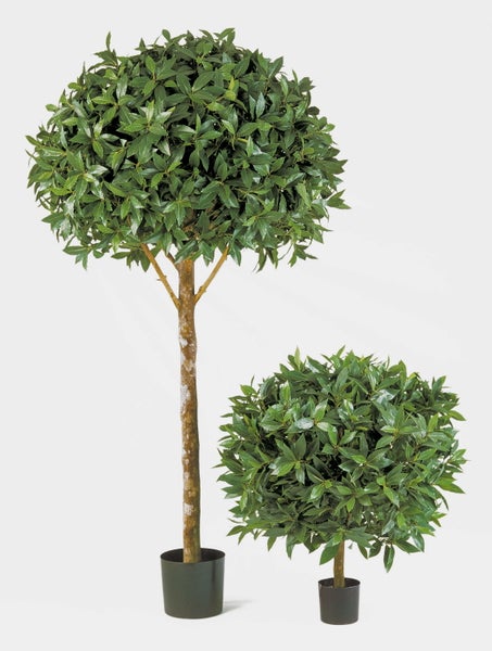 Künstlicher Lorbeerbaum in zwei verschiedenen Größen mit kugelförmiger Krone im schwarzen Topf.