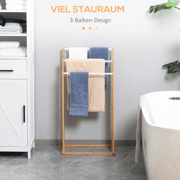 HOMCOM Handtuchhalter Stehend Handtuchständer mit 3 Stangen Handtuchleiter aus Bambus Badetuchhalter für Badezimmer, Handtücher, Badetücher 48 x 25,8 x 94 cm