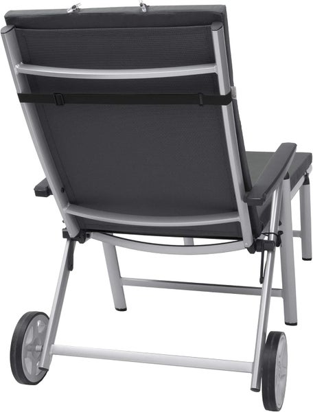 Rückansicht einer Gartenliege mit Aluminiumgestell, Rollen und dunkelgrauer Polsterauflage.