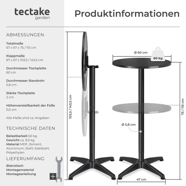 Tectake Logo. Produktinformationen zum klappbaren Bistro-Stehtisch mit Abmessungen, Belastbarkeit von 60 Kilogramm und technischen Daten.