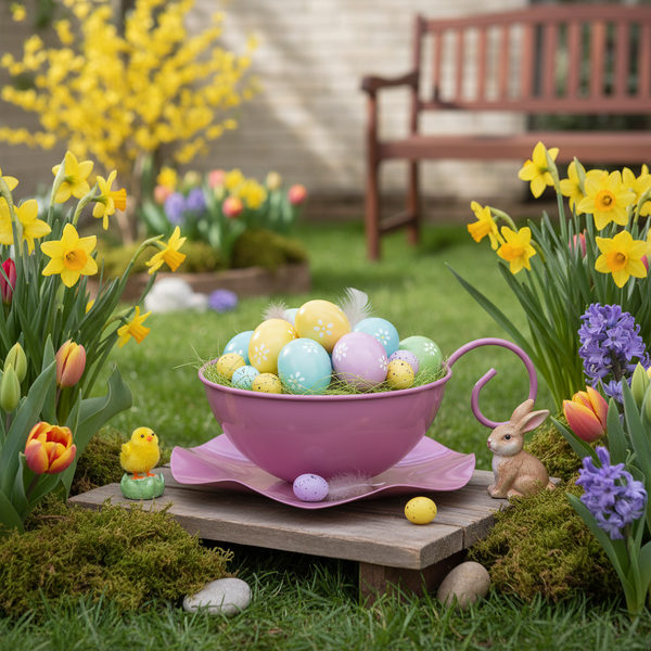 Frühlingshafte Gartenszene mit rosa Metall-Teetasse voller bunter Ostereier, umgeben von Narzissen, Tulpen und Osterfiguren auf Rasen.