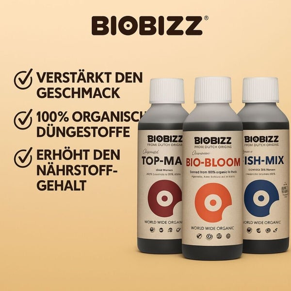 Biobizz organischer Dünger Top-Max, Bio-Bloom und Fish-Mix. Hinweise zu Geschmack, organischen Stoffen und Nährstoffgehalt. Biobizz Logo.