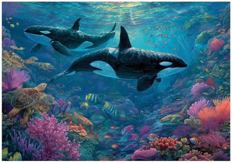 Farbenfrohe Unterwasserwelt mit zwei Orcas, einer Meeresschildkröte und tropischen Fischen im Korallenriff.
