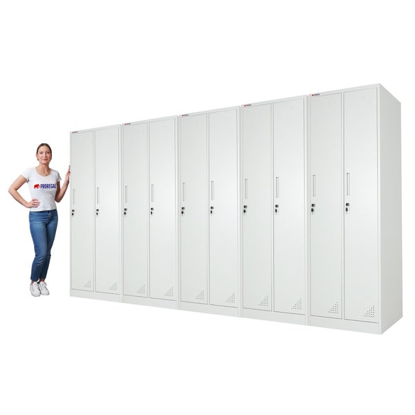Proregal Metallspind Garderobenschrank mit zehn Abteilen, lichtgrau, abschließbar, aus Stahl, mit Belüftungsschlitzen.