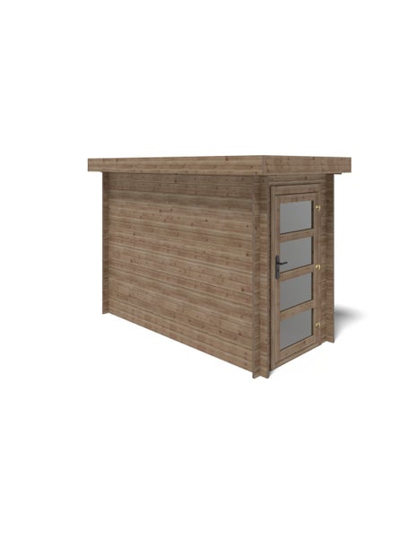 Modernes Gartenhaus aus Holz mit Flachdach und einer Einzeltür mit vier Glaseinsätzen.