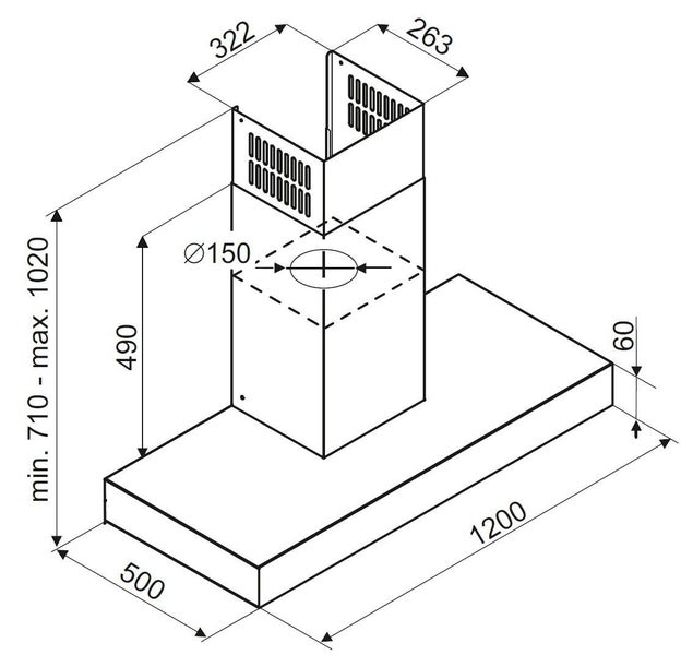 Maßskizze einer Dunstabzugshaube mit Maßen in Millimetern: Breite 1200, Tiefe 500, Höhe 710 bis 1020, Durchmesser 150.