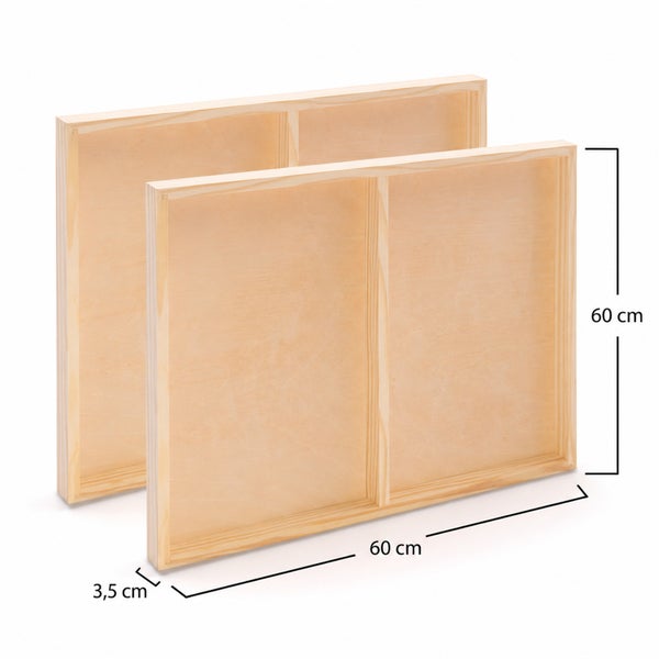 Zwei Holzrahmen aus hellem Nadelholz, quadratisch, 60 mal 60 Zentimeter, Tiefe 3,5 Zentimeter, mit Mittelsteg.