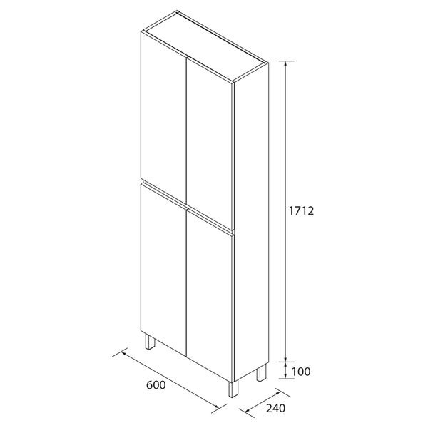 Maßzeichnung Hochschrank 4 Türen, Breite 600 Millimeter, Tiefe 240 Millimeter, Höhe 1712 Millimeter plus 100 Millimeter Füße.
