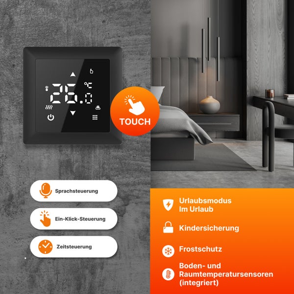 Schwarzer digitaler Raumthermostat mit Touchfunktion und verschiedenen Funktionen wie Sprachsteuerung, Ein-Klick-Steuerung, Zeitsteuerung, Urlaubsmodus, Kindersicherung, Frostschutz sowie Boden- und Raumtemperatursensoren.