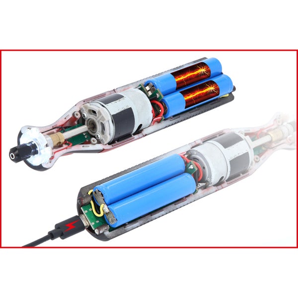 Innenansicht eines Akku-Rotationswerkzeugs mit Batterien und Motor