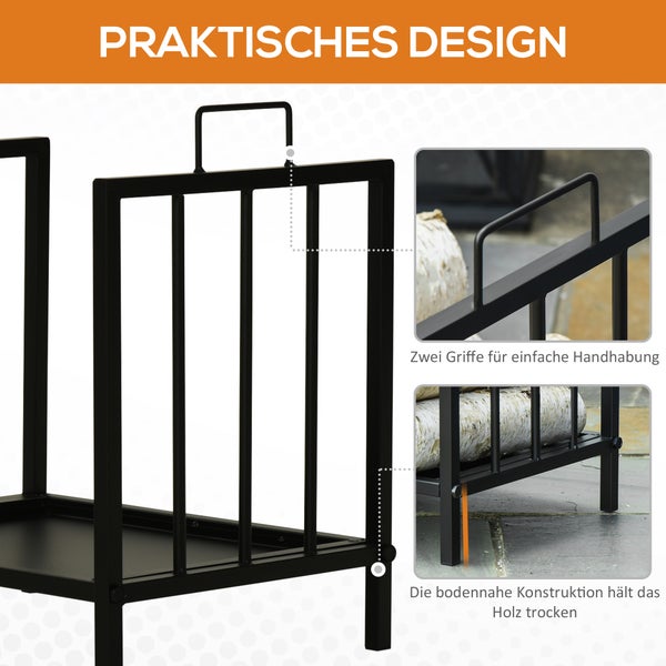 Outsunny Kaminholzregal, mit zwei Griffen Kaminbesteck, 50 kg belastbar, 39 x 32,5 x 46 cm, Metall, Schwarz