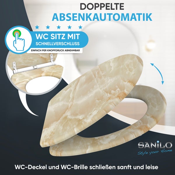 Sanilo WC-Sitz mit Marmor-Muster, doppelter Absenkautomatik und Schnellverschluss. Sanilo Logo.