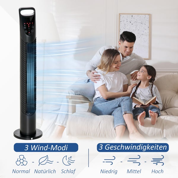 HOMCOM Turmventilator leise, Standventilator mit 3 Belüftungsstufen, 7,5H Timer, 40W Ventilator mit Fernbedienung, 70° Oszillation, für Schlafzimmer, Schwarz