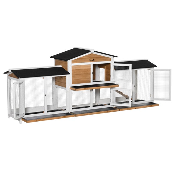 PawHut Kleintierstall Meerschweinchenstall mit Rampe Auslauf Zwergkaninchenstall mit Asphaltdach winterfest Zwergkaninchenkäfig Kleintierkäfig für draußen Tannenholz 230 x 53 x 93,5 cm Weiß