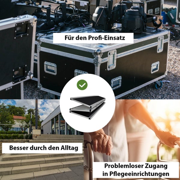 Klappbare Kofferrampe aus Aluminium für professionellen Transport, Stufenüberwindung und barrierefreien Zugang.