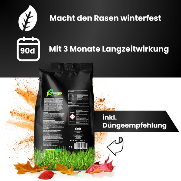 Greenyp Herbstrasendünger Langzeit I 20kg / 600m² I mit 90 Tage Langzeitwirkung + extra Kalium I macht den Rasen Winterfest I Herbstdünger Rasen