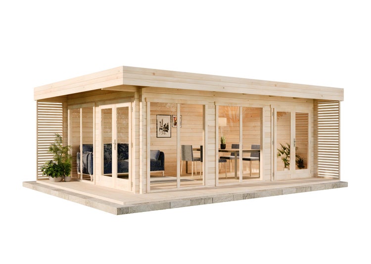 Modernes Gartenhaus aus Holz mit Flachdach, großen Glasfronten und Inneneinrichtung mit Wohn- und Essbereich auf Steinfundament.