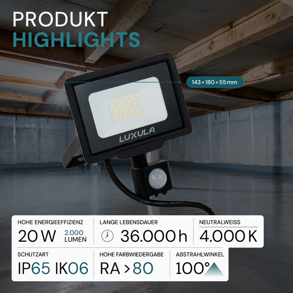 LUXULA LED Außenstrahler mit Bewegungsmelder 20W Strahler 4000K Neutralweiß 2000lm Fluter Schwarz IP65