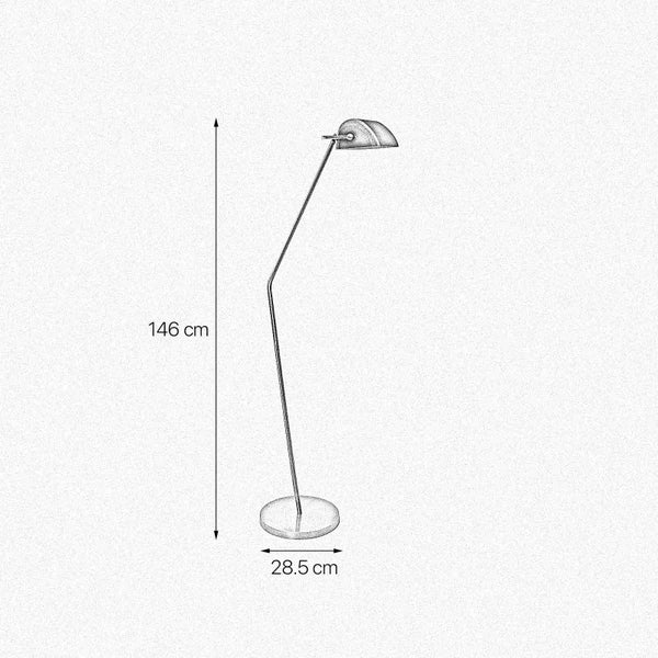 Skizze einer Stehlampe mit den Maßen 146 Zentimeter Höhe und 28,5 Zentimeter Durchmesser des Fußes