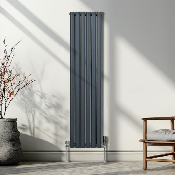 Oval Röhrenheizkörper & Chrom Thermostatventile – 1600mm x 360mm - Anthrazitgrau