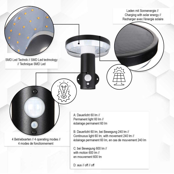 Solar Wandleuchte Piran schwarz 600 lm Bewegungsmelder + Dauerlicht 11021