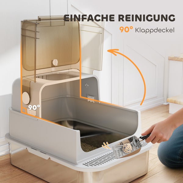 Katzentoilette mit 90 Grad Klappdeckel für eine einfache Reinigung.