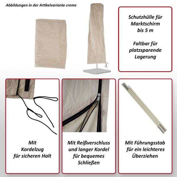 Schutzhülle für Marktschirme bis fünf Meter mit Kordelzug, Reißverschluss und Führungsstab