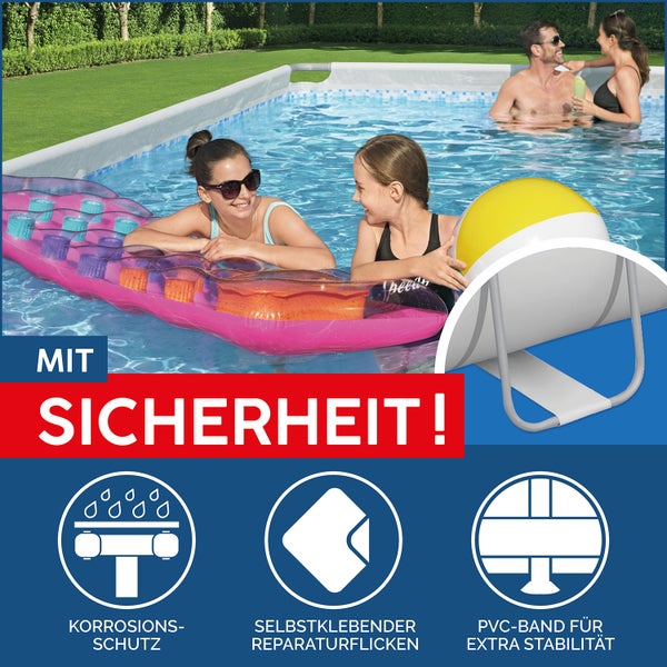 Familie in einem rechteckigen Frame Pool mit Korrosionsschutz, selbstklebendem Reparaturflicken und PVC-Band für Stabilität.