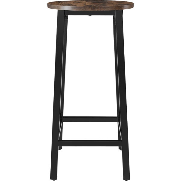 Barhocker mit runder Holzsitzfläche in Dunkelbraun und schwarzem Metallgestell mit Fußstütze.